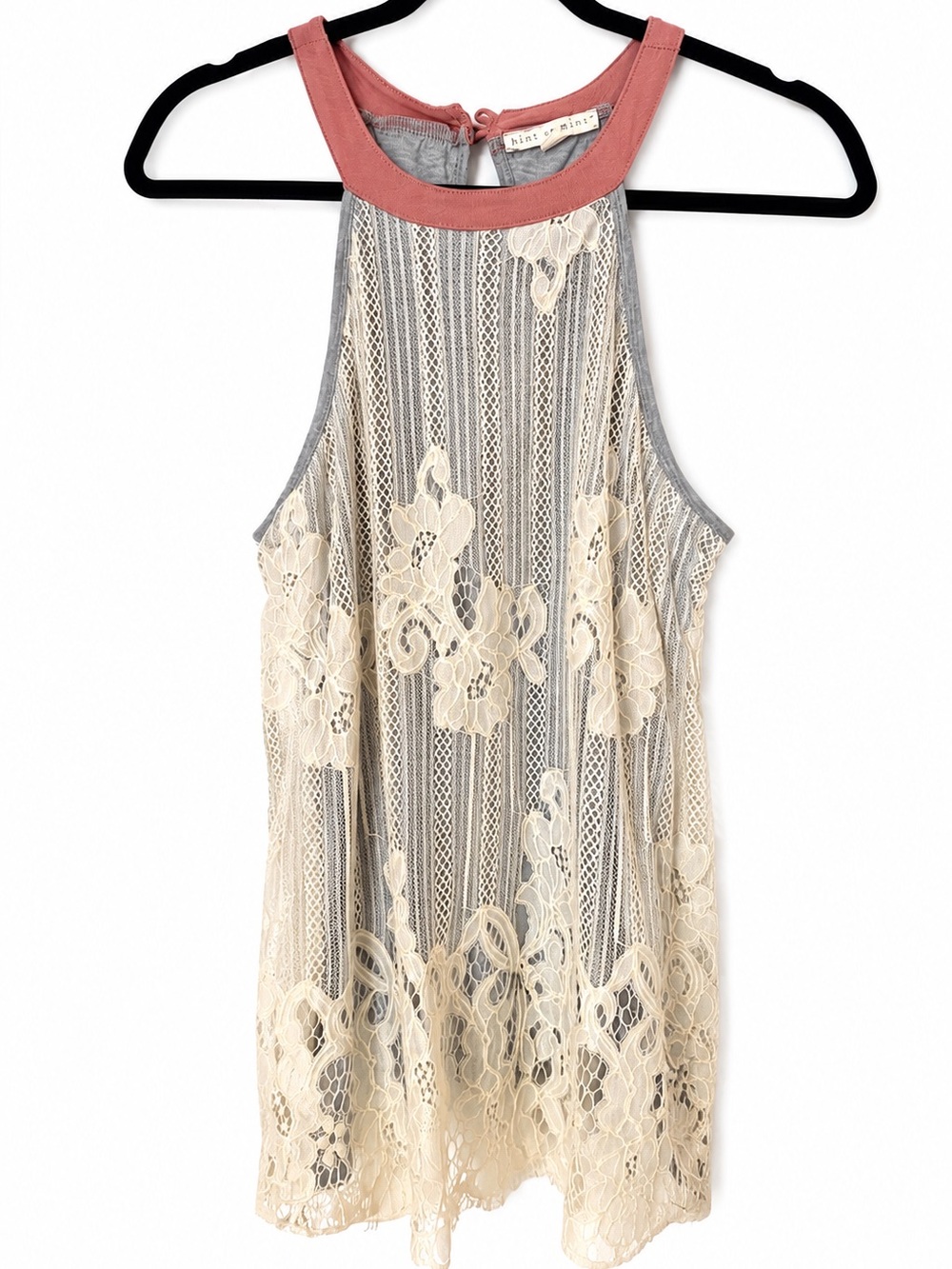Hint of Mint Gray & Cream Lace Overlay High Neck Tank Top Boho Romantic Blouse S
